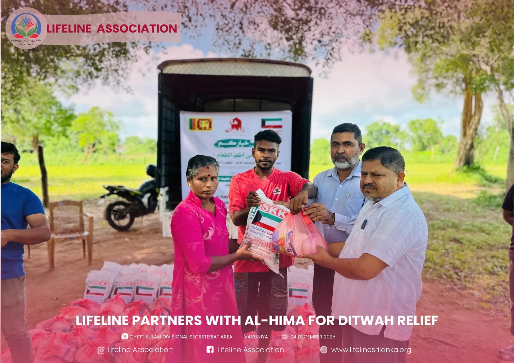 A relief pack being handed to a community member beside the distribution vehicle