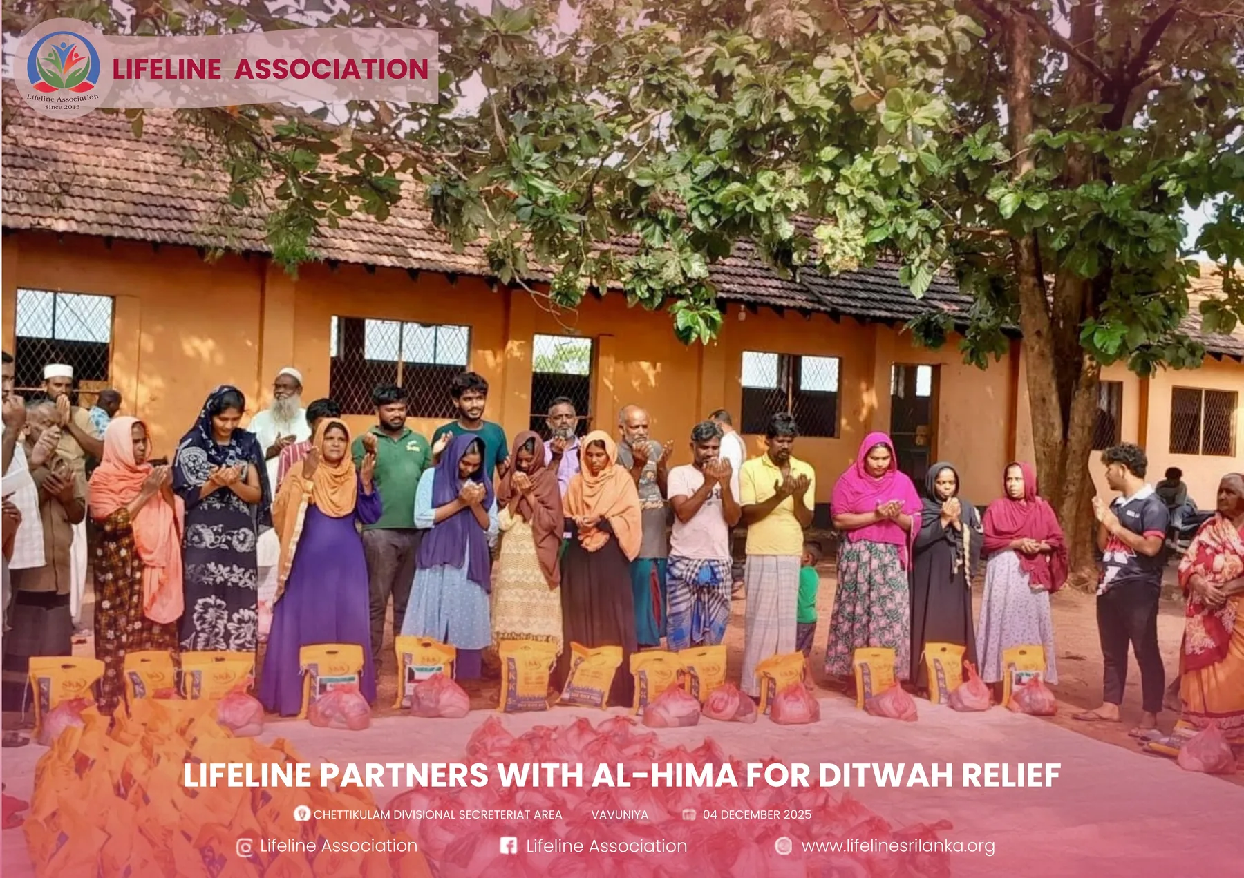 Families gathered with relief packs during the Lifeline and Al-Hima distribution