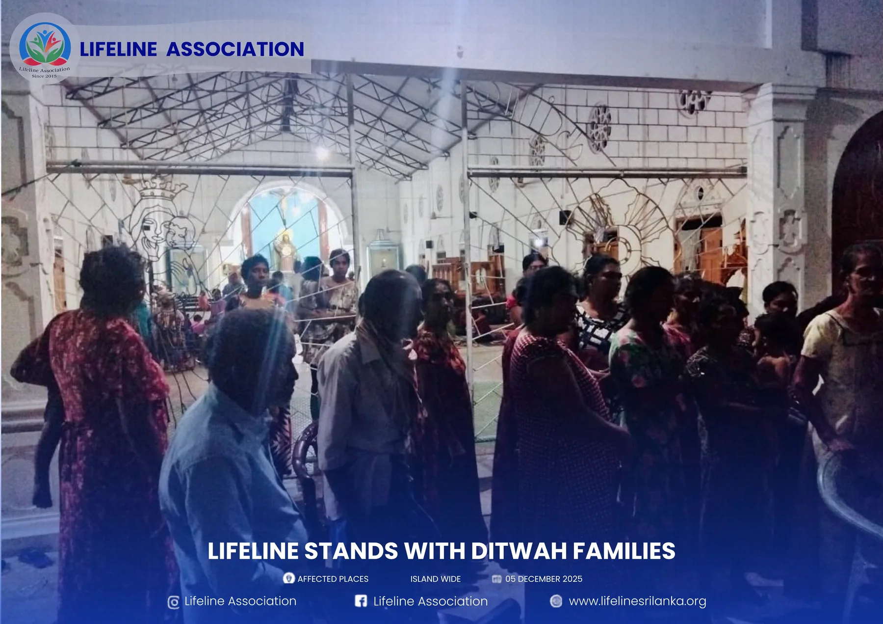 Families gathered indoors during a relief visit