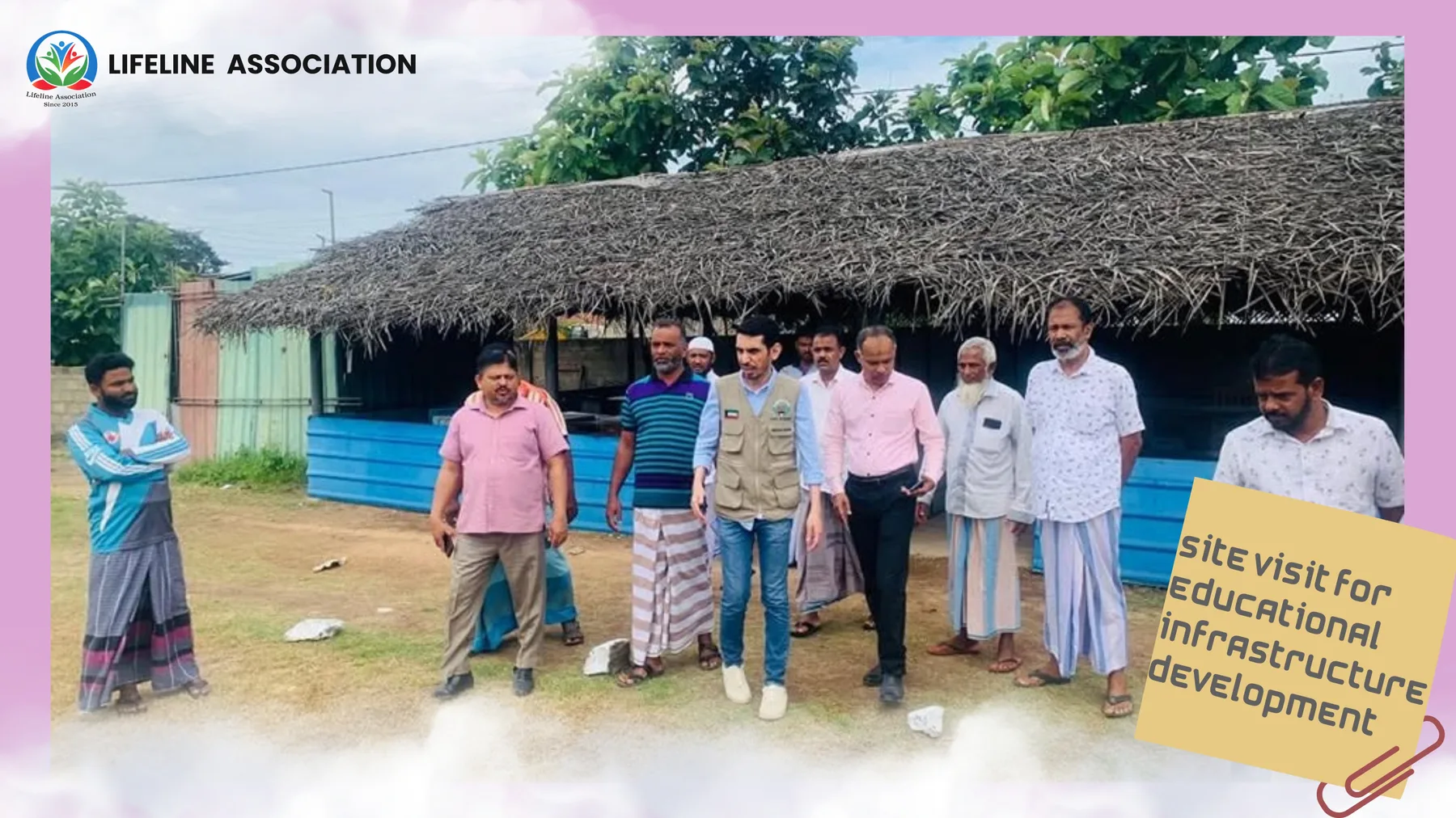 Representatives standing outside a school building during an educational infrastructure site visit