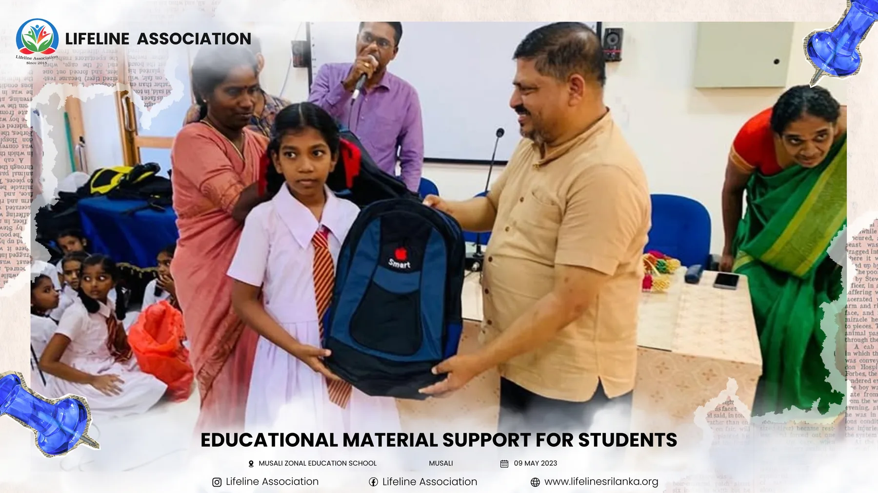 A student receiving a school bag during the educational-material distribution