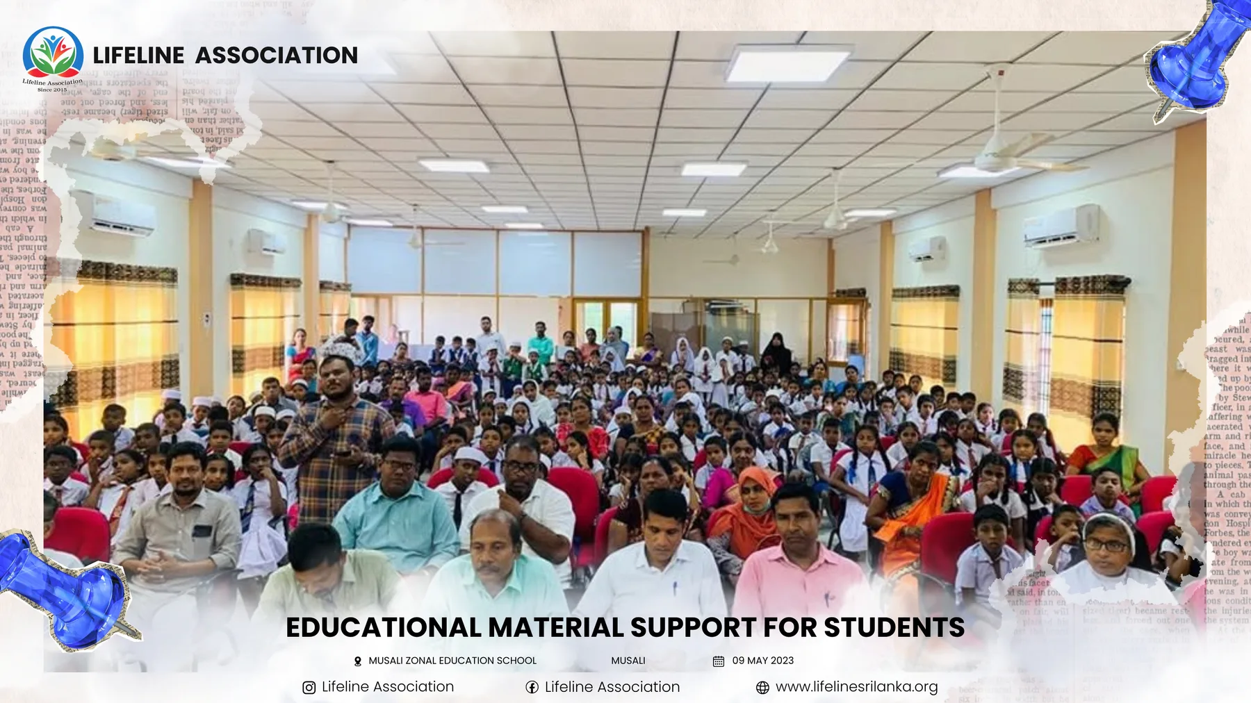 A large group of students assembled inside the school hall