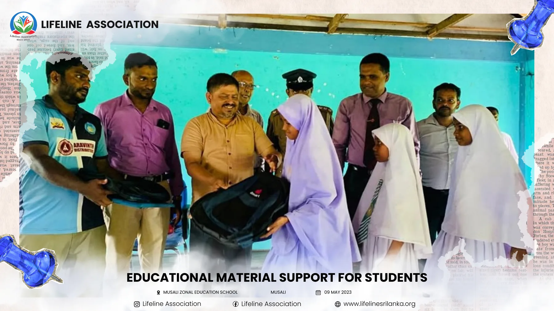 Students receiving school bags during a Lifeline educational-material distribution