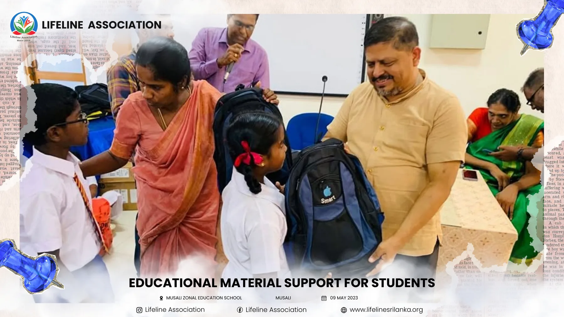 School bags displayed as they are handed to students