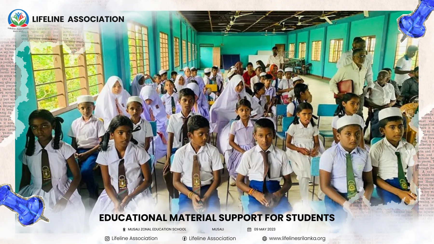 Students gathered with their school bags during an educational-material distribution