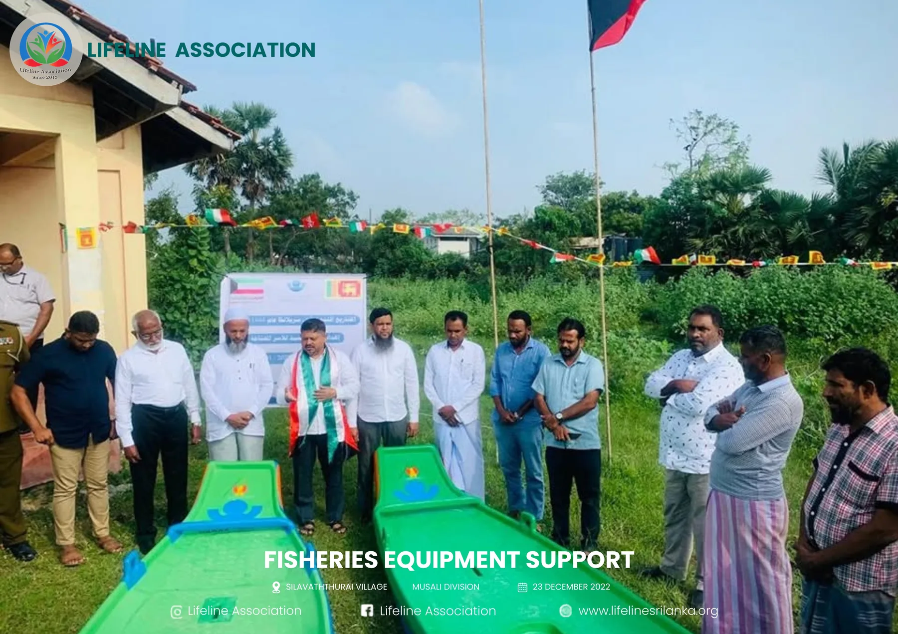 Fishing equipment arranged outdoors for distribution