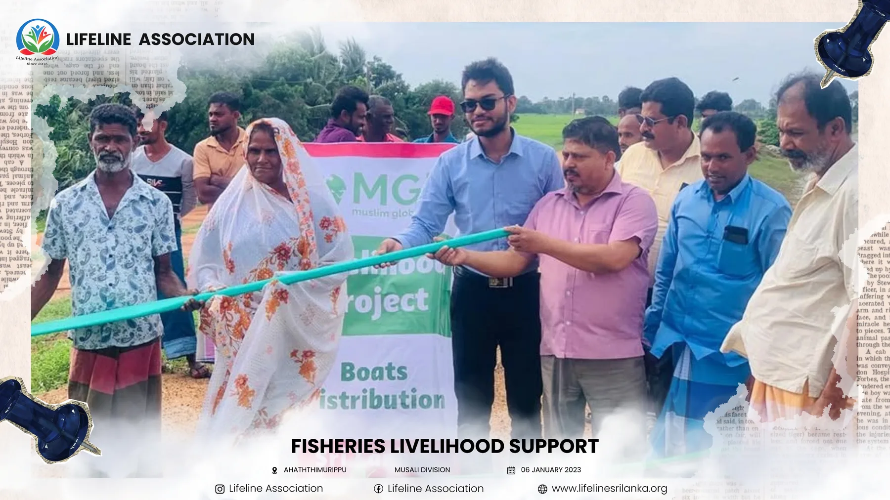A ribbon being cut during the fishing-boat distribution
