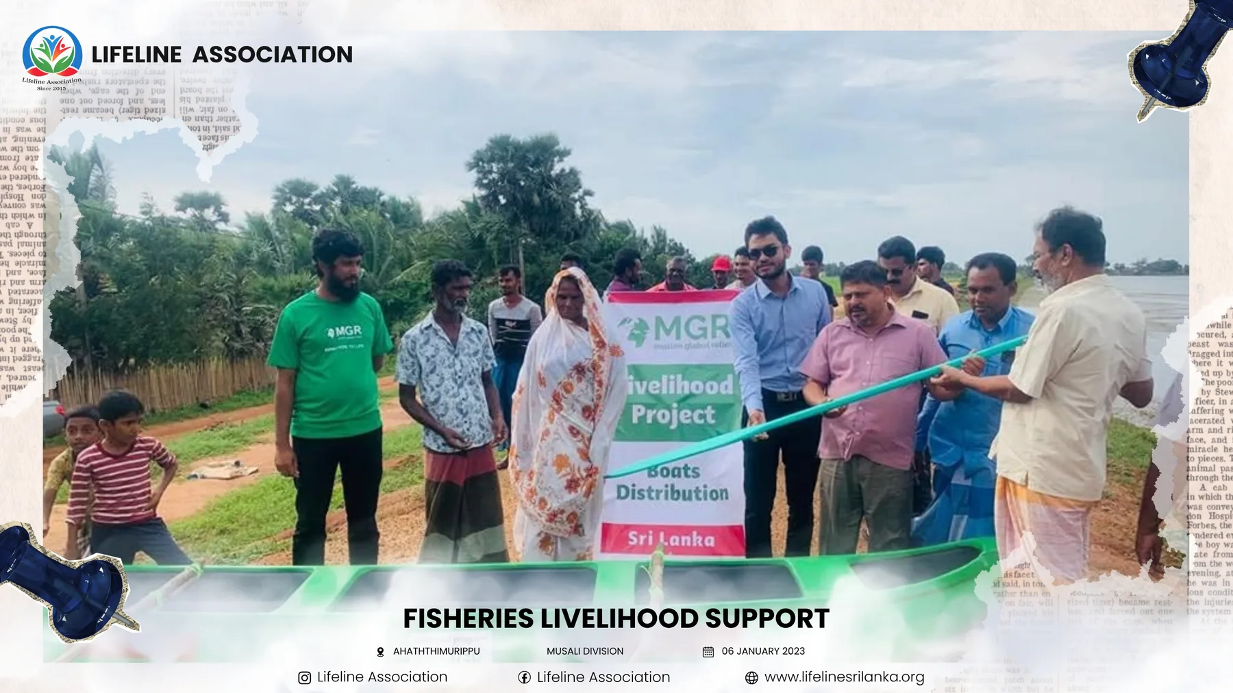 Recipients and representatives standing beside the fishing boats
