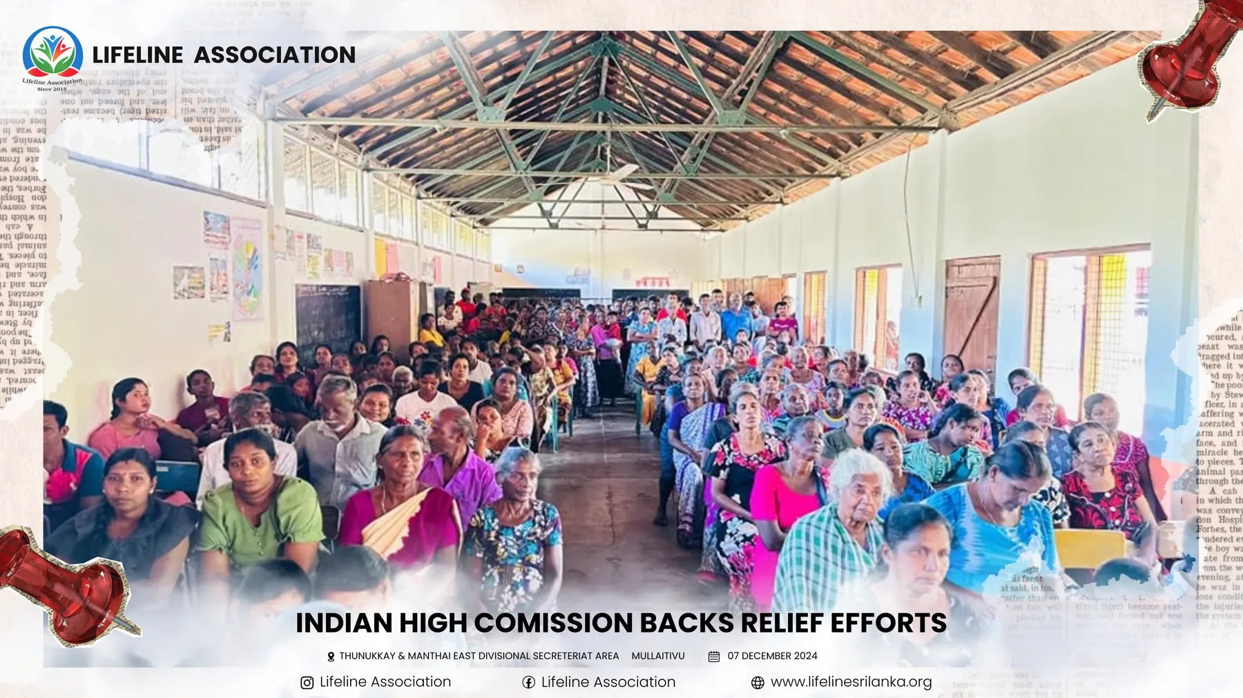 Community members assembled inside the relief distribution hall