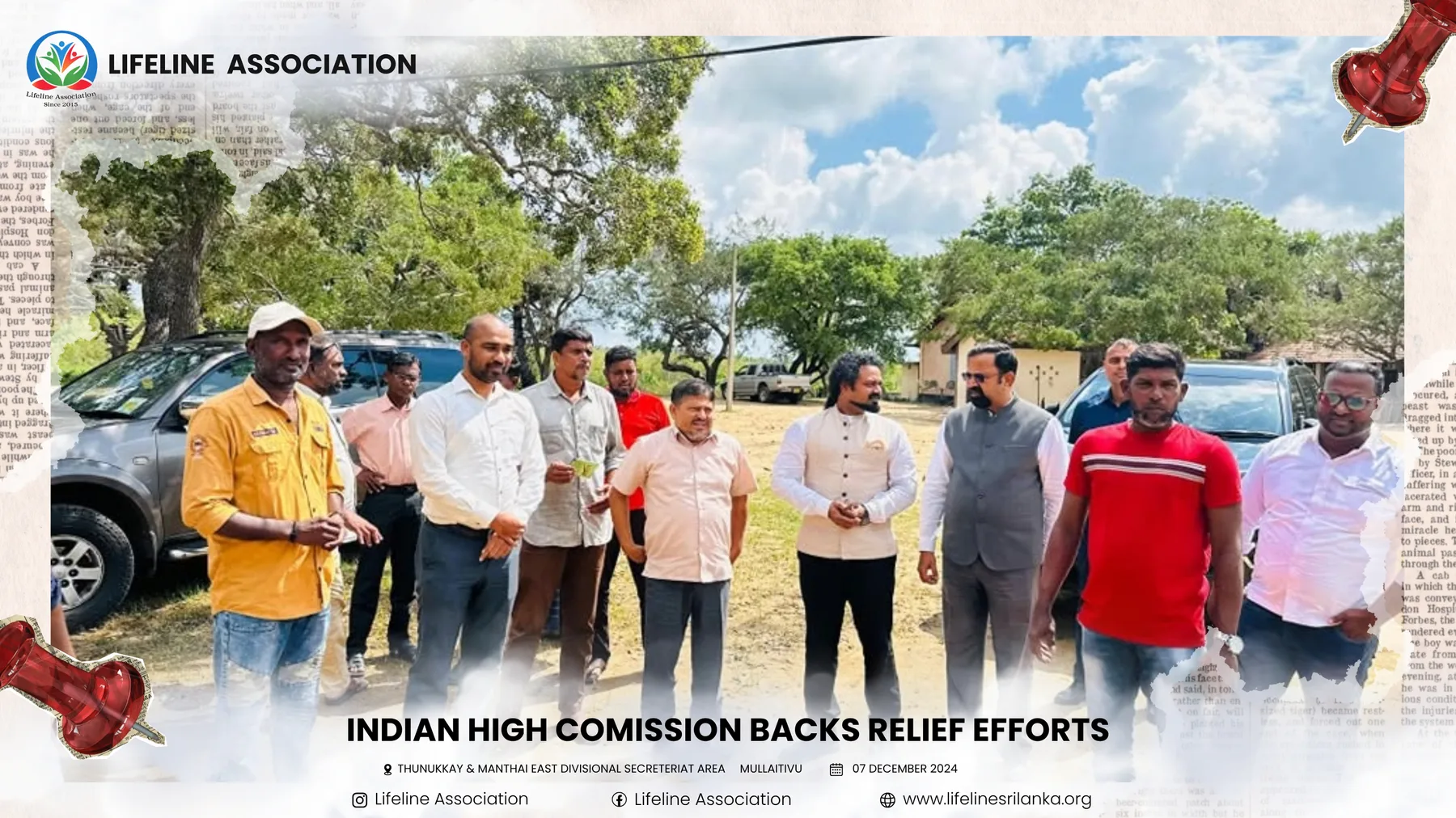 Representatives and residents walking together outside the relief venue