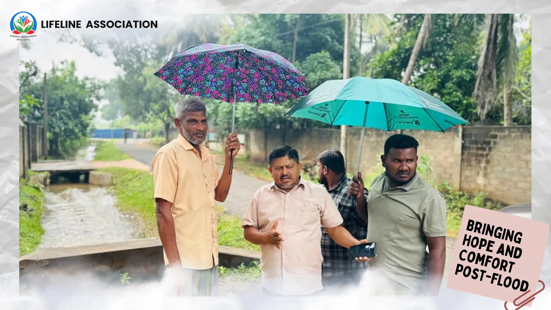 Lifeline representatives visiting residents in heavy rain