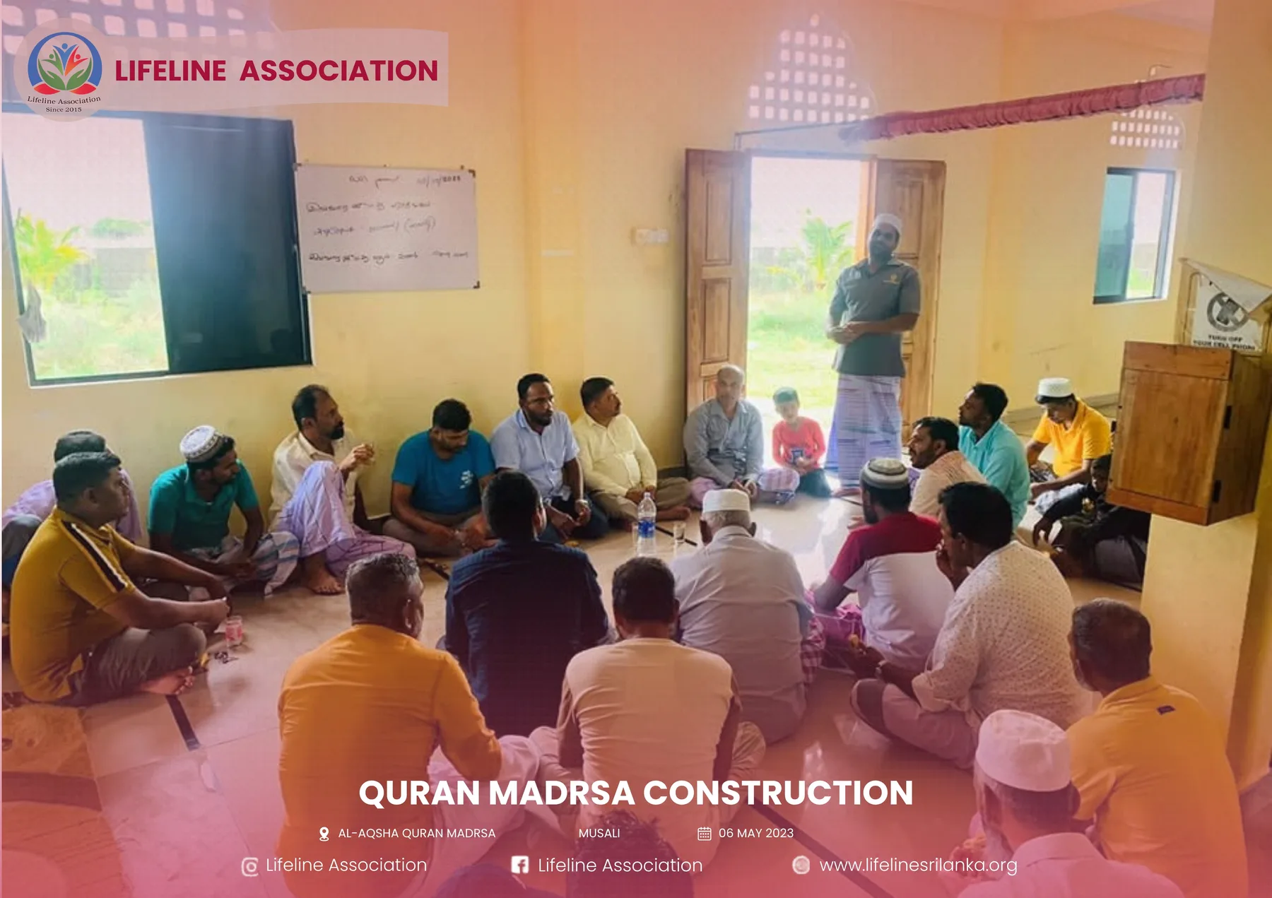 Learners and community members seated inside the madrasa