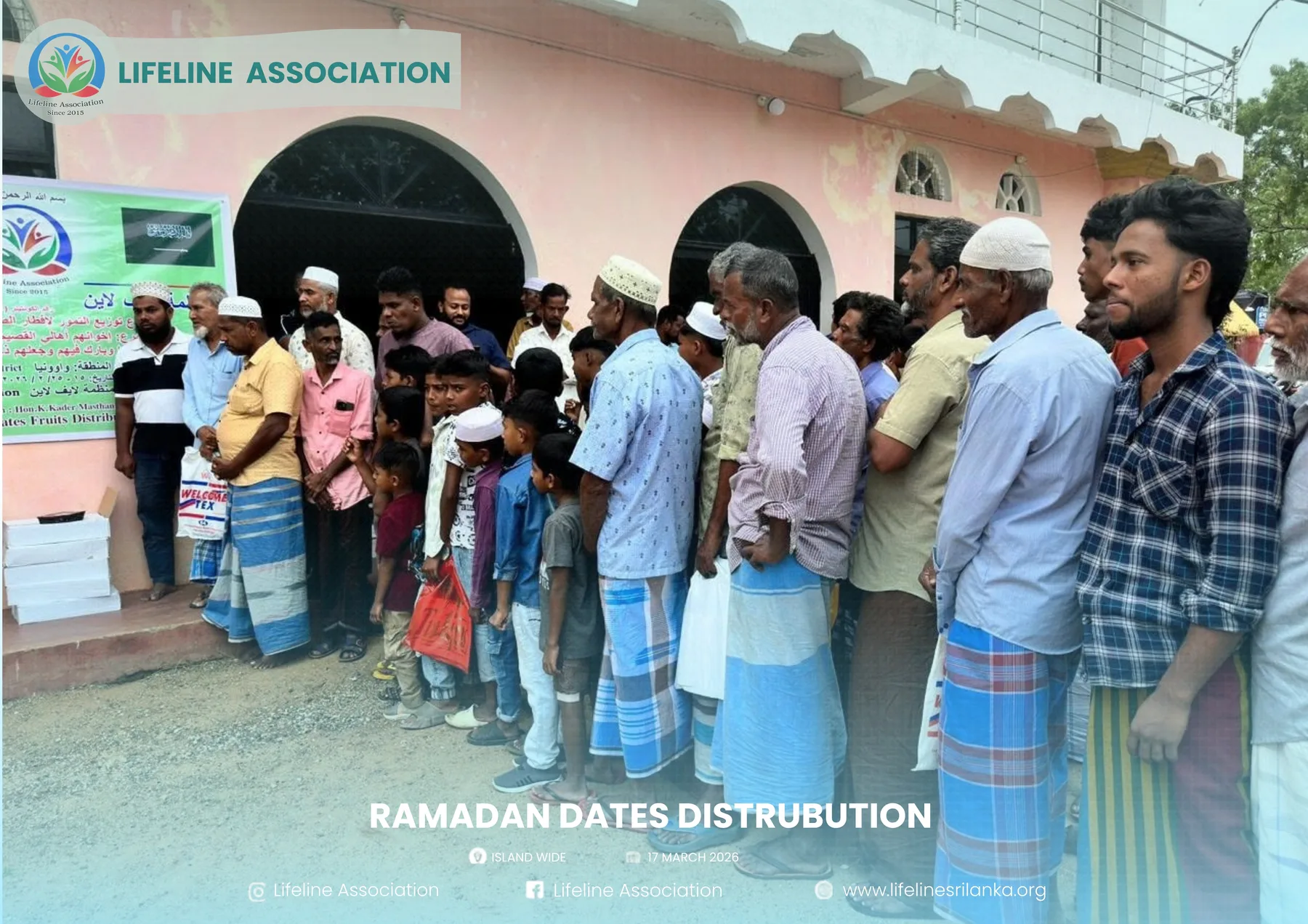 A group gathered around a Ramadan dates distribution table