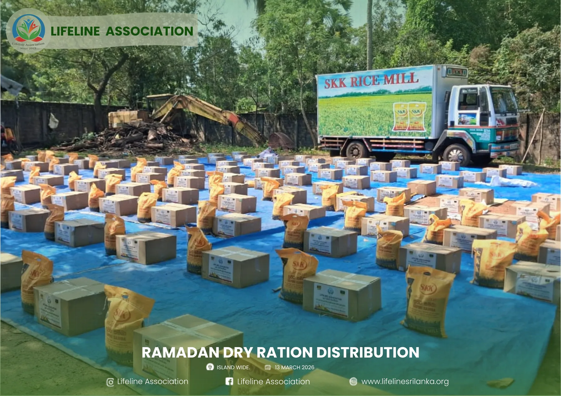 Prepared Ramadan dry-ration packs arranged for distribution
